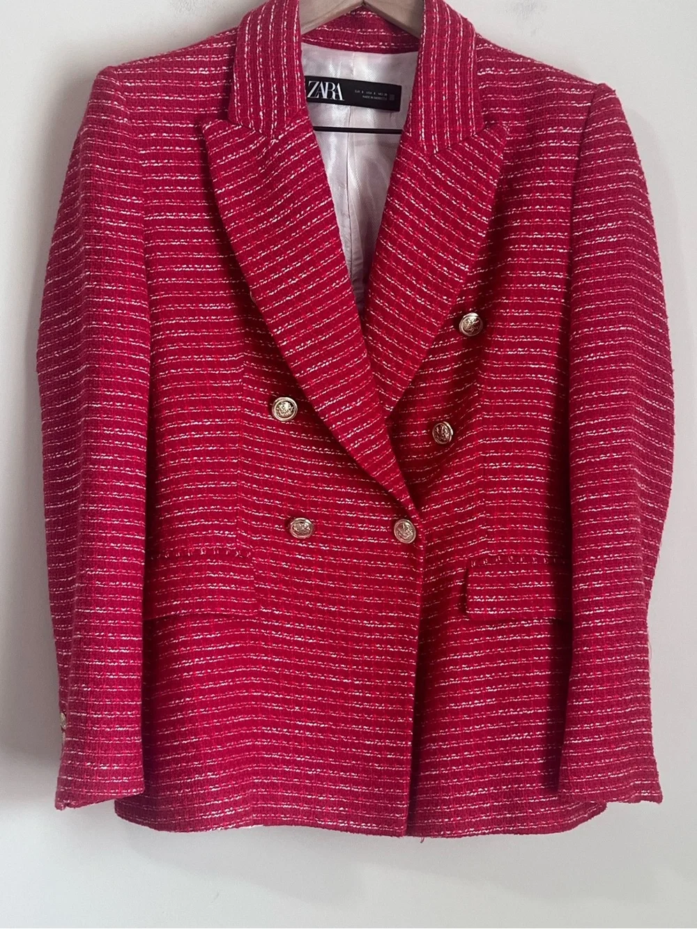 Zara Double Breasted Blazer Tailored Red Gold Buttons Tweed Sz Small - Picture 1 of 8